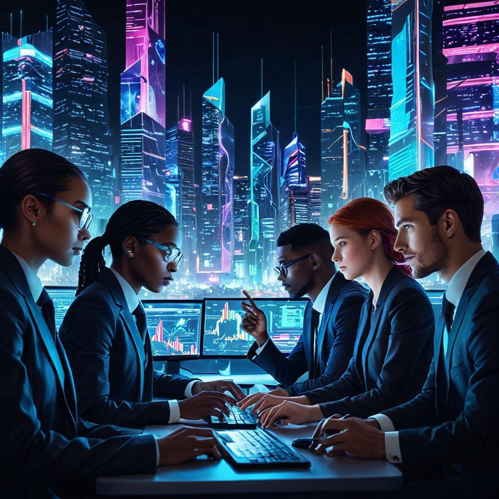 A futuristic city skyline with digital data streams connecting buildings, representing the networking of IT and telecommunications. In the foreground, a diverse group of professionals engaging in a discussion, holding charts and graphs that symbolize statistical communication. Bright screens and holograms illuminate their faces, highlighting innovation and collaboration. The atmosphere is dynamic, showcasing a blend of technology and teamwork. cyberpunk. vibrant colors. 3D.