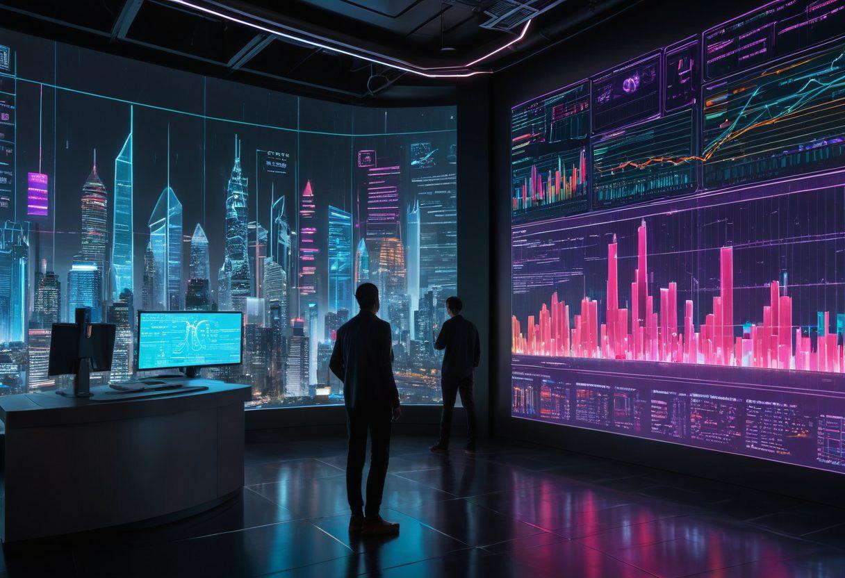 A creative scene showcasing a tech-savvy individual analyzing colorful graphs and charts on a futuristic holographic display, surrounded by floating statistical data points. In the background, an abstract city skyline symbolizes innovation and technology evolution. Bright, engaging colors emphasize the dynamic nature of data-driven storytelling. cyberpunk. vibrant colors. 3D.