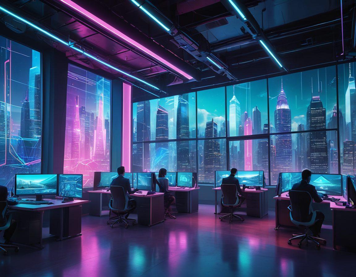 A futuristic office setting with diverse professionals collaborating over a holographic statistical display showcasing data analytics and graphs. Bright neon elements to symbolize innovation, while a large window reveals a cityscape of advanced technology. Convey a sense of dynamic communication and collaboration that enhances the tech industry. cyberpunk. vibrant colors. digital art.